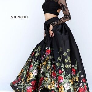 Sherri Hill Black and Red Floral Long Sleeve Dress 50599